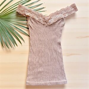 GUESS JEANS Authentic Lace Trim Glitter Ribbed Knit Top Juniors XS/S